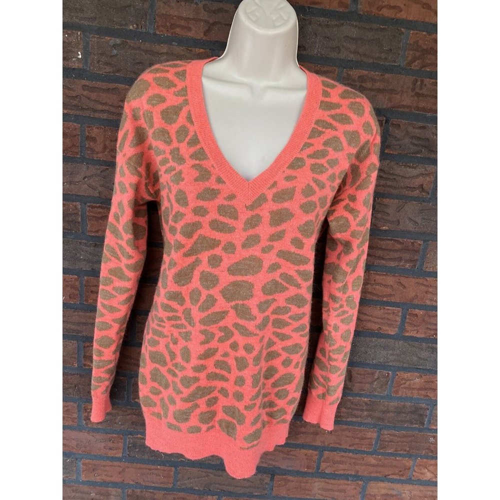 Pink Brown Animal Print Medium Wool Alpaca Pullover Wallace V-Neck Cardi Sweate
